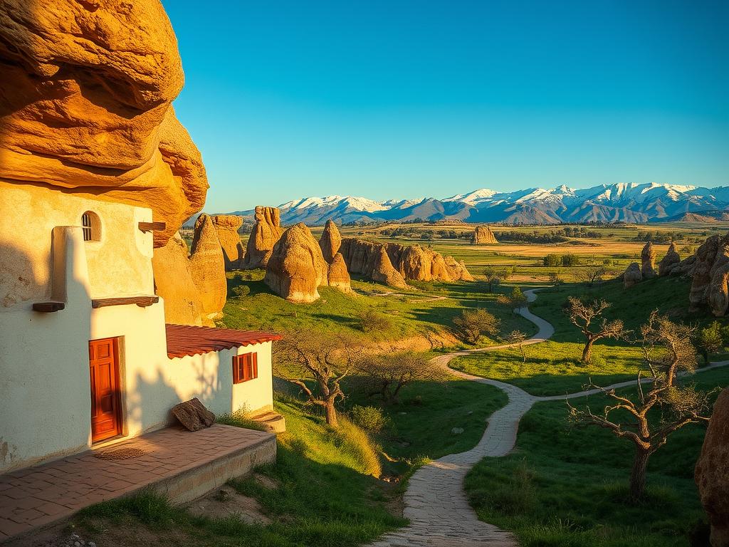 A tranquil landscape in Cappadocia, Turkey, bathed in warm, golden light. In the foreground, a traditional cave dwelling nestled among the distinctive fairy chimneys, its whitewashed walls and rustic wooden beams casting long shadows. In the middle ground, a winding path leads through a lush, verdant valley, flanked by ancient rock formations and sparse, twisted trees. In the distance, the iconic, snow-capped peaks of the Taurus Mountains rise majestically against a clear, azure sky. The scene conveys a sense of timeless, peaceful solitude, inviting the viewer to explore the region's rich history and natural wonders. A tranquil landscape in Cappadocia, Turkey, bathed in warm, golden light. In the foreground, a traditional cave dwelling nestled among the distinctive fairy chimneys, its whitewashed walls and rustic wooden beams casting long shadows. In the middle ground, a winding path leads through a lush, verdant valley, flanked by ancient rock formations and sparse, twisted trees. In the distance, the iconic, snow-capped peaks of the Taurus Mountains rise majestically against a clear, azure sky. The scene conveys a sense of timeless, peaceful solitude, inviting the viewer to explore the region's rich history and natural wonders.