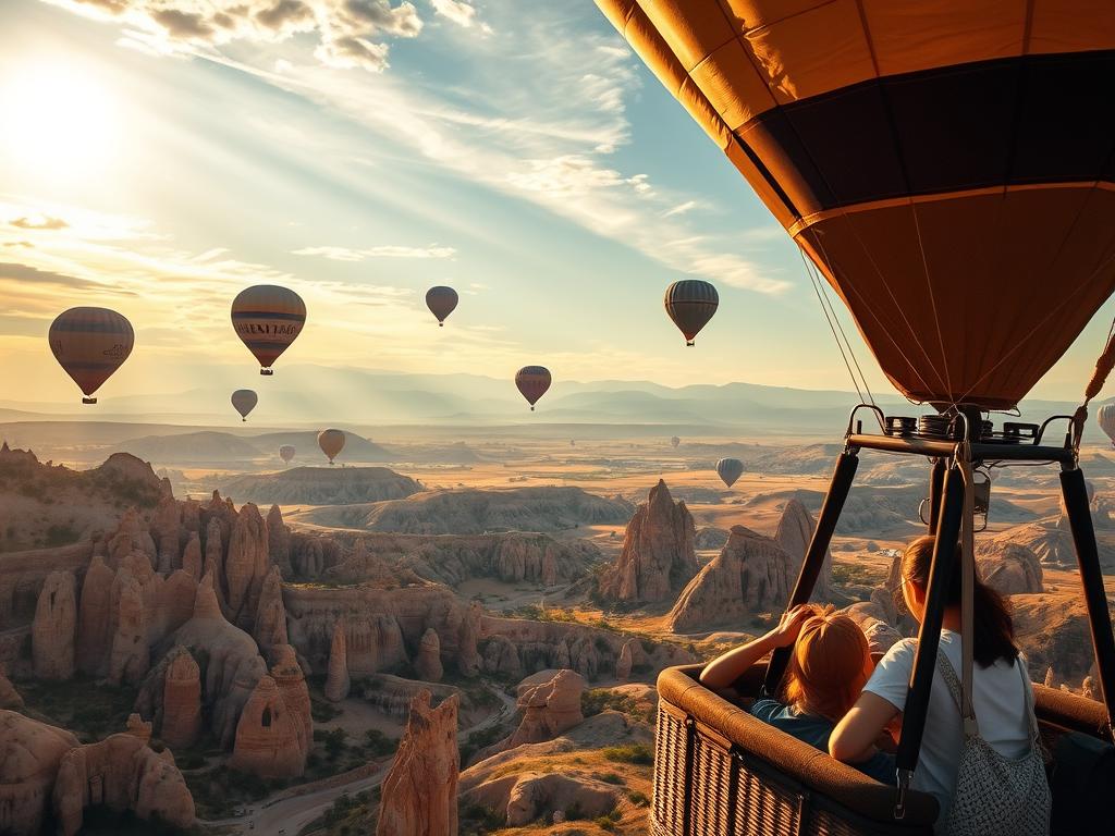 Majestic hot air balloons drift gracefully over the captivating landscape of Cappadocia. The iconic fairy chimneys and rock formations in warm hues of ochre and rust provide a breathtaking natural backdrop. Rays of golden sunlight filter through wispy clouds, casting a magical glow across the scene. Passengers peer out of the basket, awestruck by the panoramic vistas unfolding below. This enchanting aerial adventure offers a unique perspective to explore the region's geological wonders and rich cultural heritage. The serene, tranquil atmosphere evokes a sense of wonder and discovery, perfectly capturing the spirit of this remarkable destination. Majestic hot air balloons drift gracefully over the captivating landscape of Cappadocia. The iconic fairy chimneys and rock formations in warm hues of ochre and rust provide a breathtaking natural backdrop. Rays of golden sunlight filter through wispy clouds, casting a magical glow across the scene. Passengers peer out of the basket, awestruck by the panoramic vistas unfolding below. This enchanting aerial adventure offers a unique perspective to explore the region's geological wonders and rich cultural heritage. The serene, tranquil atmosphere evokes a sense of wonder and discovery, perfectly capturing the spirit of this remarkable destination.