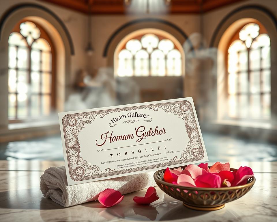 A beautifully designed "Hamam Gutschein" gift certificate, prominently displayed in the foreground, featuring intricate Turkish patterns and elegant calligraphy. The background is a serene scene of a traditional Turkish bath, with arched windows letting in soft, diffused sunlight, highlighting smooth marble surfaces and steam. In the middle ground, the Gutschein is partially resting on a plush towel beside a decorative bowl filled with fragrant rose petals, contributing to a relaxing ambience. The lighting is warm and inviting, creating an atmosphere of tranquility and wellness, evoking the essence of a luxurious spa experience. The composition is shot from a slight angle to showcase both the Gutschein and the inviting Hamam environment, fostering a sense of escapism and rejuvenation.