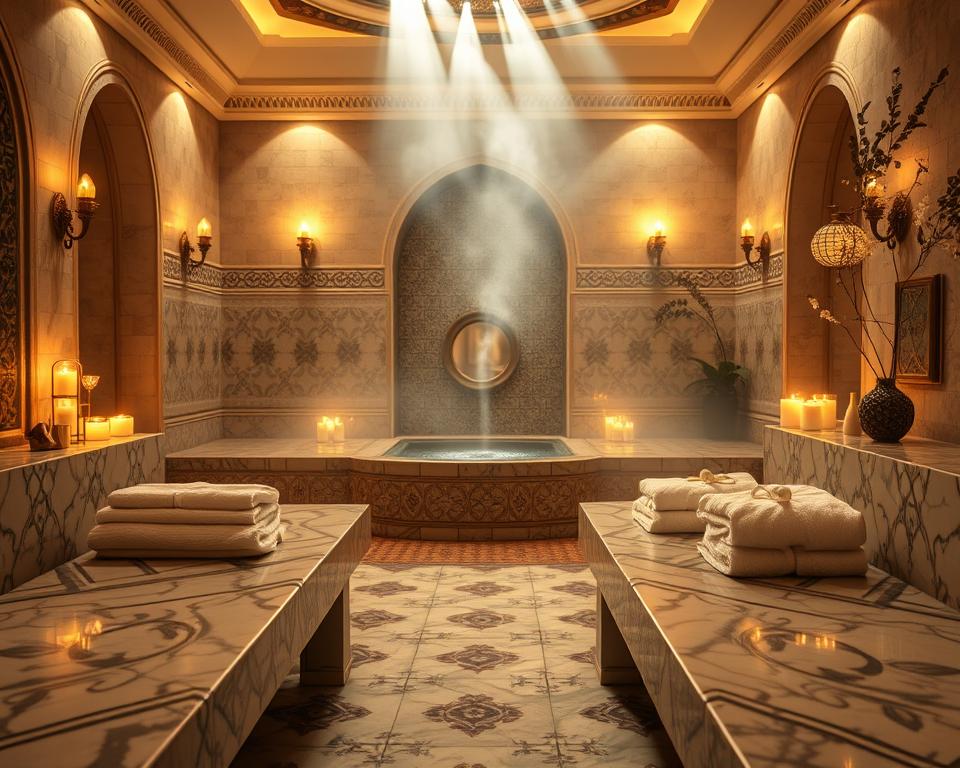 A beautifully designed Turkish hamam interior showcasing its exquisite features. In the foreground, intricately patterned marble benches invite relaxation, surrounded by plush towels and aromatic candles. The middle section highlights ornate tilework and decorative mosaics on the walls, reflecting soft, warm lighting that creates a soothing atmosphere. A gentle steam mist hovers in the air, enhancing the tranquil feel. In the background, subtle silhouettes of botanical elements and decorative lamps cast soft shadows, emphasizing the serene and luxurious environment. The overall mood is peaceful and inviting, appealing to senses of calm and comfort, captured with a warm color palette and soft focus to evoke a sense of blissful relaxation.