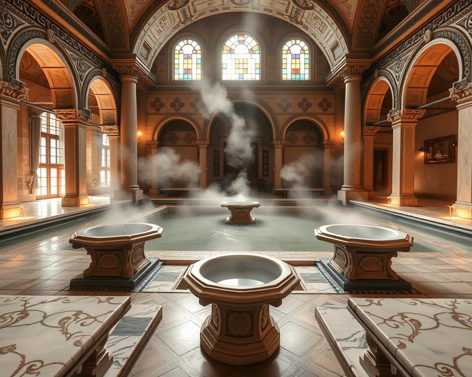 A serene Turkish bath (hamam) interior, showcasing the rich history and tradition of the space. In the foreground, beautifully patterned marble benches (göbektaşı) and elegantly carved stone basins set the scene. The middle ground features gentle steam rising from heated water pools, creating a soft, ethereal quality in the air. Ornate arches and intricate tile mosaics adorn the walls, adding a touch of authenticity and cultural depth. The background includes soft, warm lighting filtering through stained glass windows, casting colorful reflections on the floor. The atmosphere is tranquil and inviting, evoking a sense of relaxation and historical significance. Emphasize the elegance and charm of a traditional hamam experience, avoiding any human figures. Wide-angle perspective enhances the grandeur of the space.
