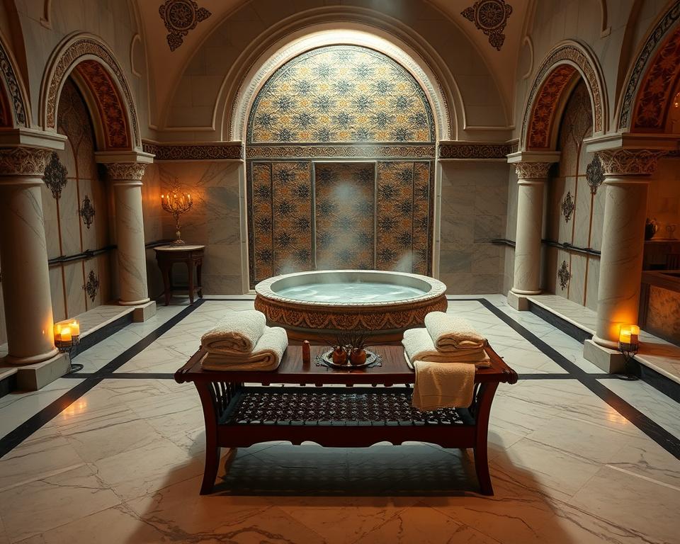 A serene Turkish bath interior, featuring elegant marble flooring and intricately designed arches. In the foreground, a wooden bench adorned with plush towels and aromatic herbs creates a welcoming feel. In the middle, a large, ornate basin with steaming water reflects the soft ambient light. The background showcases traditional mosaic tiles with earthy colors, contributing to a calming atmosphere. The lighting is warm and diffuse, simulating the soft glow of candles, enhancing the tranquil mood of relaxation. Consider a slight overhead angle to capture the entire space, evoking the feeling of entering a peaceful retreat. No people are present, ensuring the focus remains on the Hamam environment, inviting and soothing.