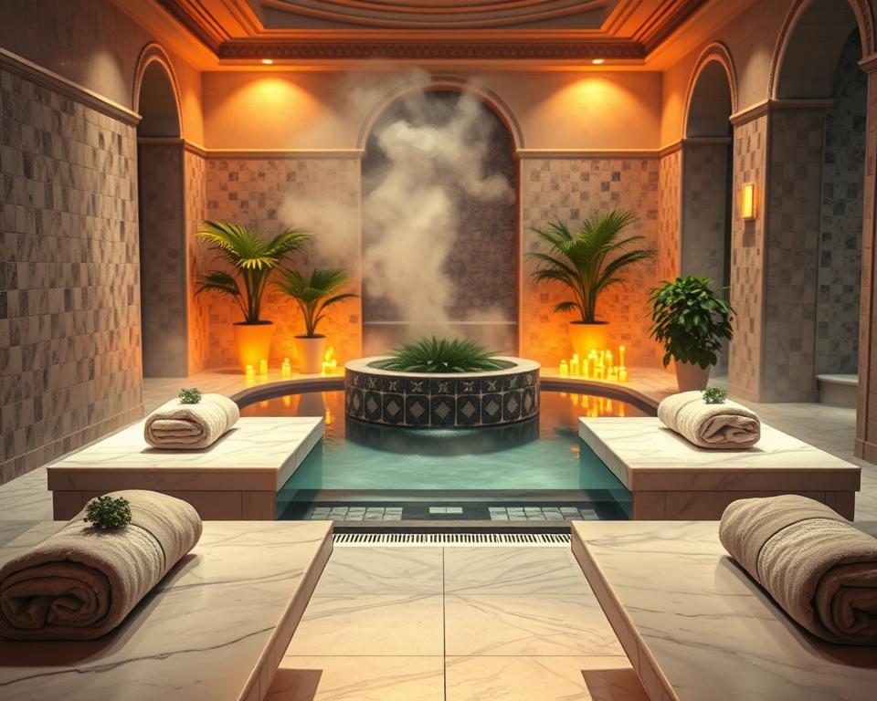 A serene Turkish steam bath scene in Germany, showcasing an elegant and tranquil setting. In the foreground, inviting marble benches adorned with soft towels and small potted plants are softly illuminated by warm, diffused lighting. The middle ground features steam rising gently from a central basin, surrounded by lush greenery and ambient candles for a calming atmosphere. The background reveals intricately tiled walls and arches, typical of traditional Turkish baths. The overall mood is one of relaxation and rejuvenation, inviting viewers to experience the soothing essence of the steam bath. Use a soft focus with a warm color palette to evoke comfort and tranquility. Aim for a slightly elevated angle to capture the inviting atmosphere without showing any individuals in the scene.