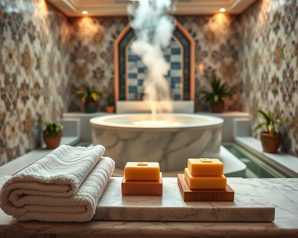 A serene and inviting Turkish bath (Hamam) scene, capturing the essence of hygiene and etiquette. In the foreground, a beautifully arranged set of plush, white towels and neatly placed natural soaps on a polished stone bench. The middle showcases a warm steam rising gently from a large marble basin, with water glistening in soft, ambient light. In the background, elegant mosaics adorn the walls, infused with vibrant patterns that evoke a sense of calm and tradition. The lighting is soft and diffused, creating a tranquil atmosphere that encourages relaxation. A hint of greenery from potted plants adds freshness, highlighting the importance of cleanliness and respect in this cultural experience. The composition presents a harmonious balance, inviting viewers into an oasis of peace and hygiene.