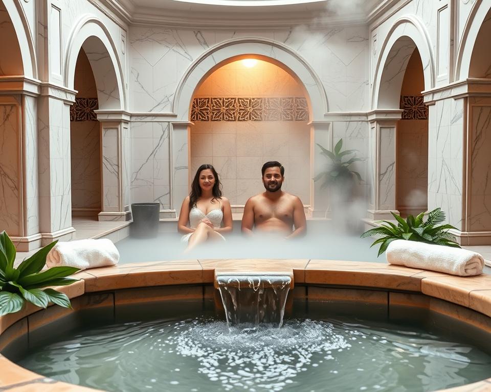 A serene and inviting Turkish hamam scene, featuring elegant marble architecture and soft, diffused lighting that creates a warm, tranquil atmosphere. In the foreground, a beautifully designed stone basin with a flowing water feature, surrounded by lush greenery and soft, fluffy towels. The middle ground showcases two individuals, dressed modestly in casual comfortable attire, enjoying the soothing steam and relaxation, with expressions of peace and tranquility. In the background, intricate tile work and arches enhance the overall cultural aesthetic, with gentle wisps of steam rising into the air. The scene captures the essence of deep relaxation and wellness, inviting viewers to engage in the traditional hamam experience. The overall mood is calming and rejuvenating, perfect for illustrating a step-by-step journey to ultimate relaxation.