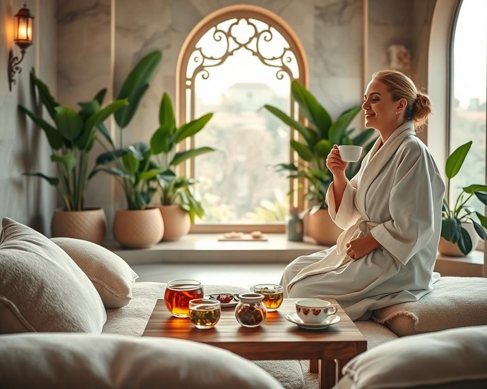 A serene post-Hamam scene set in a tranquil spa environment. In the foreground, a cozy lounge area features soft, plush cushions and a wooden tea table adorned with herbal teas and fruits. The middle ground shows a large, ornate window allowing natural light to pour in, illuminating the space with a warm glow. In the background, lush green plants and elegant decorative elements reflect a calming atmosphere. A person in a soft, luxurious robe with relaxed body language is enjoying a moment of peace, holding a cup of tea, encapsulating the essence of relaxation. Use soft, diffused lighting to enhance the tranquil feel, shot from a gentle, slightly low angle to create an inviting depth. The mood is calm, with a focus on wellness and serenity.