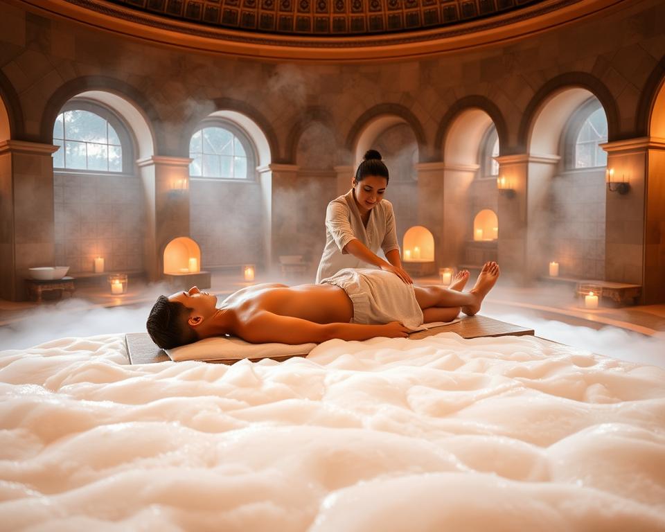 A tranquil Turkish hamam scene featuring lush seifenschaum (soap foam) enveloping a marble table in the foreground. A professional masseuse, dressed in modest spa attire, gently applies a soothing massage technique to a client who is comfortably reclining on the table. Soft, warm lighting highlights the steam rising in the room, creating a calming atmosphere. In the background, elegantly arched tile work reveals the classic architecture of a traditional Turkish bath, complete with flickering candlelight casting gentle shadows. The air is thick with serenity, inviting viewers to feel the relaxation and rejuvenation of this luxurious experience. The composition should evoke a sense of peace and indulgence, perfect for illustrating the soothing elements of a Turkish steam bath.