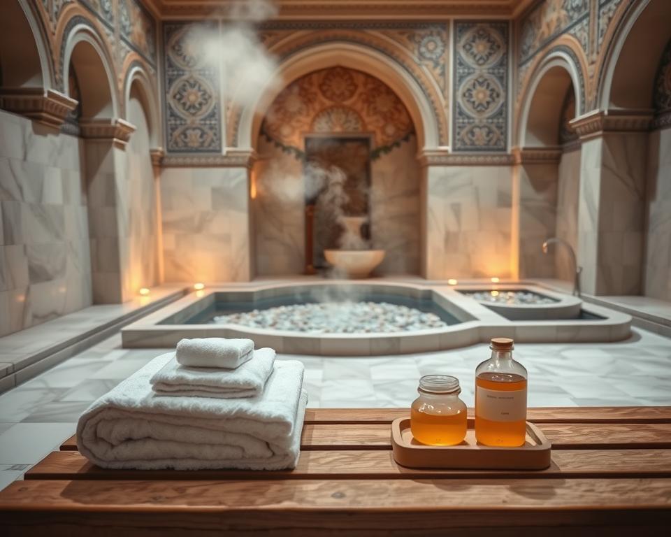 A tranquil scene of a traditional Turkish hamam preparation room, with intricate marble tiles and ambient soft lighting. In the foreground, a neatly arranged set of fluffy white towels and natural olive oil soap on a wooden bench, evoking a sense of calm. In the middle ground, a warm steam rising gently, creating an inviting atmosphere, with pebbled basins filled with water reflecting the light. The background features beautifully carved arches and mosaic tiles that enhance the cultural ambiance. The image has a serene color palette, predominantly soft whites, golds, and gentle earth tones, conveying a peaceful and relaxing mood. The focus should be soft and dreamy, as though inviting the viewer into the experience of preparing for a rejuvenating visit to the hamam.